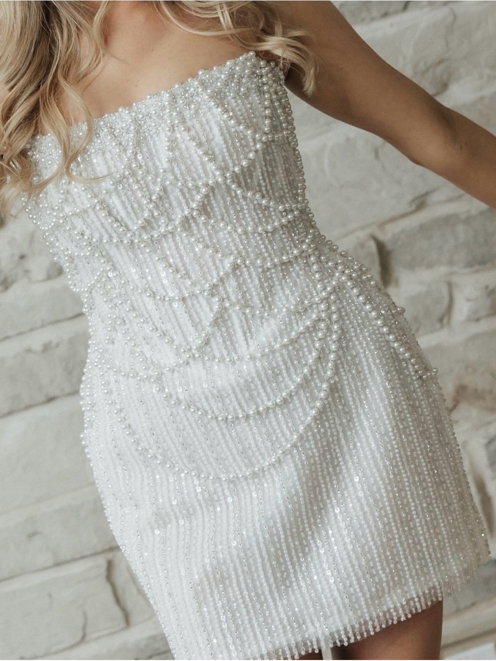 Pearl-Embellished Strapless Mini Dress - White